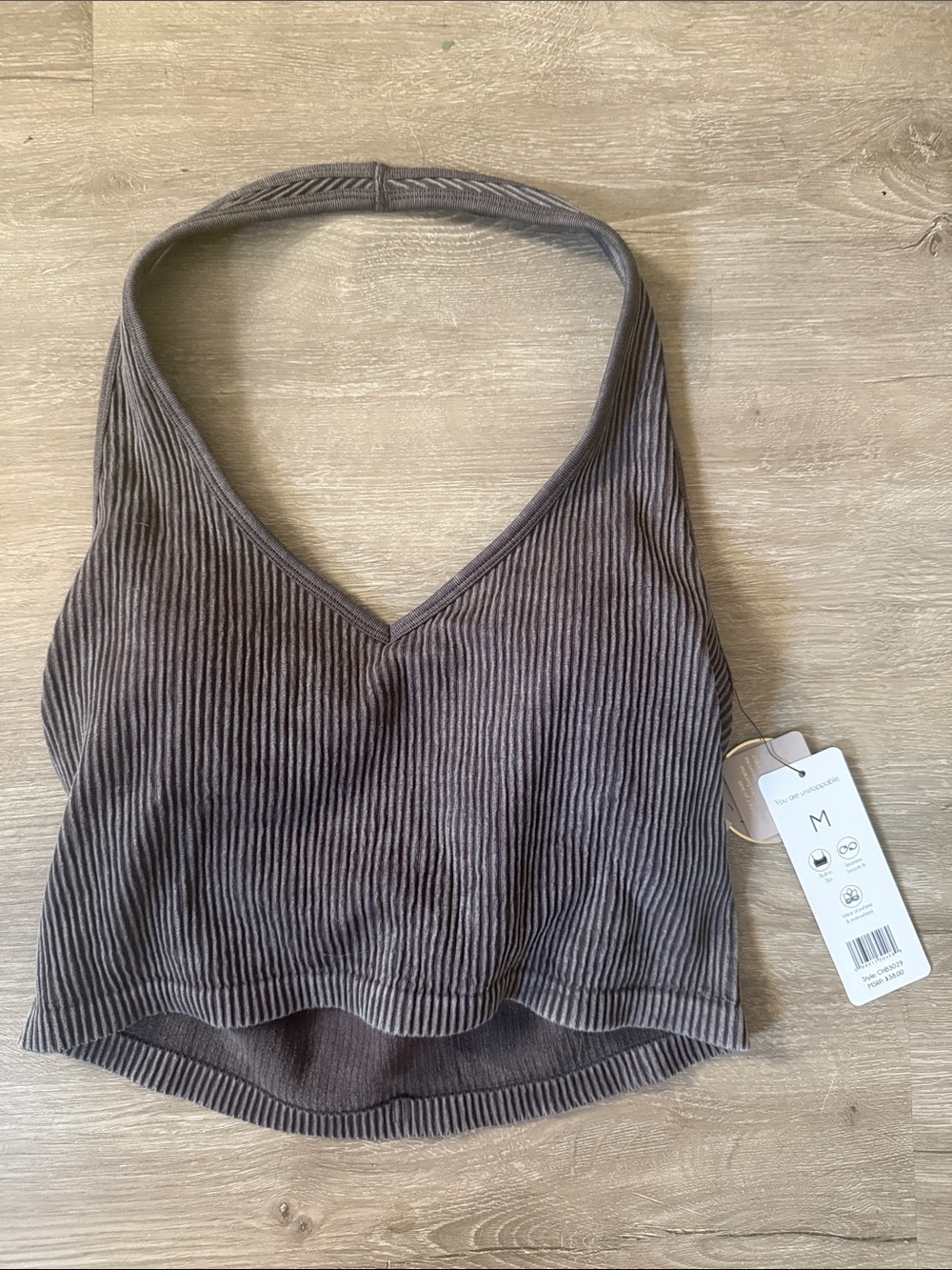 Ribbed V-Neck Halter Crop Top in Taupe